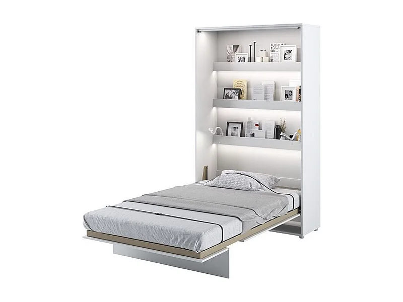 Lit escamotable vertical avec étagères blanc brillant Noby 90x200-Avec matelas-Avec Led sans veilleuses