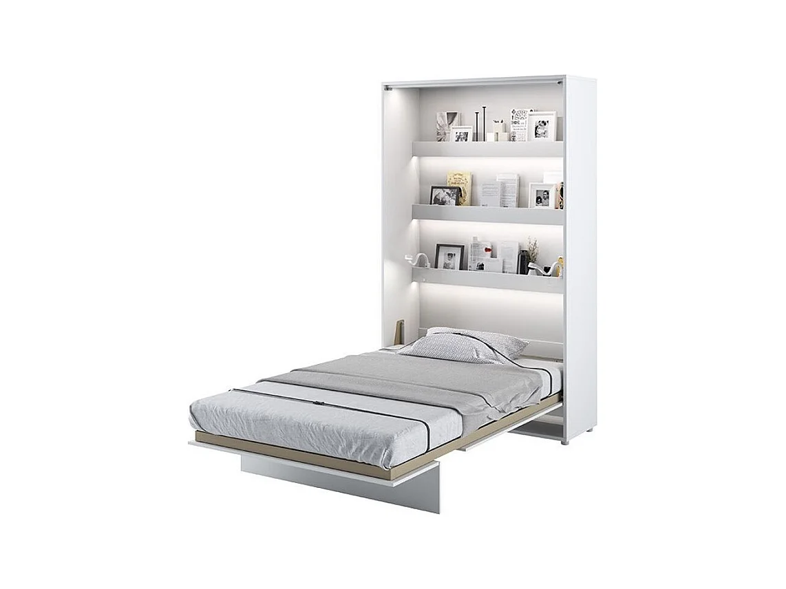 Lit escamotable vertical avec étagères blanc brillant Noby 90x200-Avec matelas-Avec Led sans veilleuses
