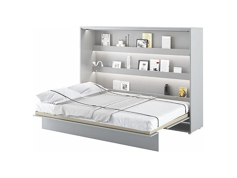 Lit escamotable horizontal avec étagères gris mat Noby 140x200-Avec matelas-Avec Led sans veilleuses