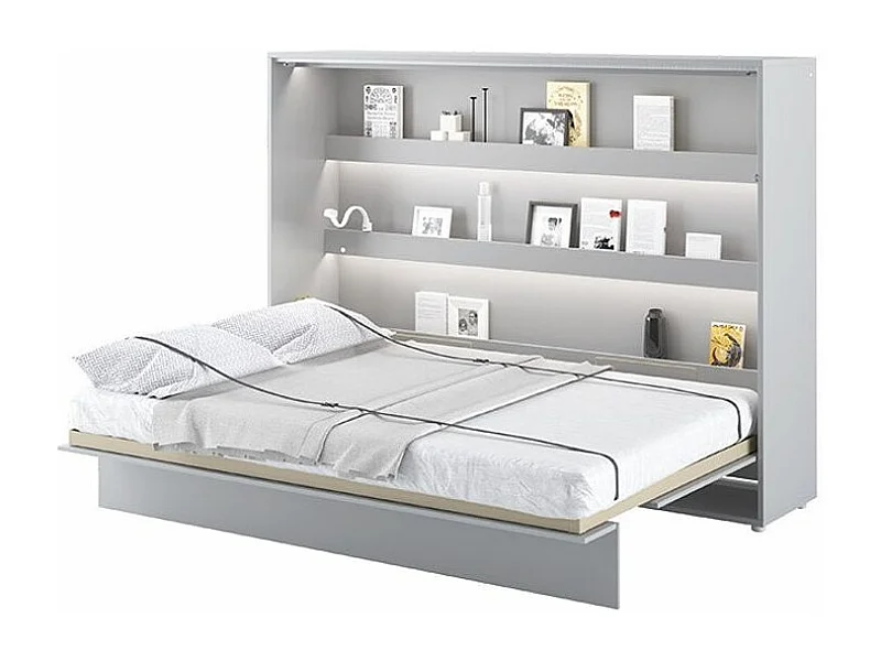 Lit escamotable horizontal avec étagères gris mat Noby 140x200-Avec matelas-Avec Led sans veilleuses
