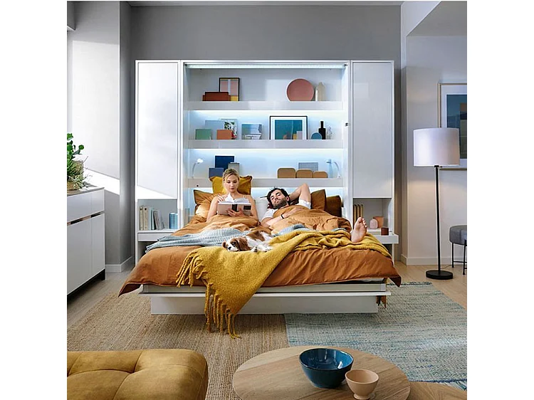 Lit escamotable horizontal avec étagères blanc brillant Noby 120x200-Avec matelas-Avec Led et 1 veilleuse