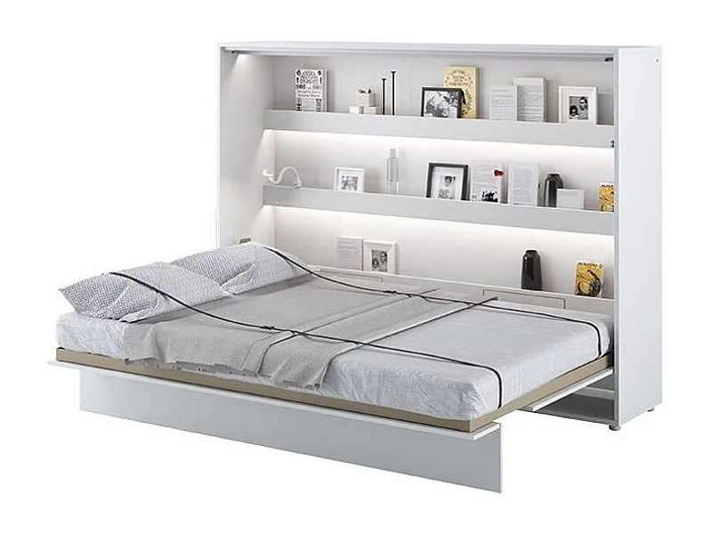 Lit escamotable horizontal avec étagères blanc brillant Noby 120x200-Avec matelas-Avec Led et 1 veilleuse