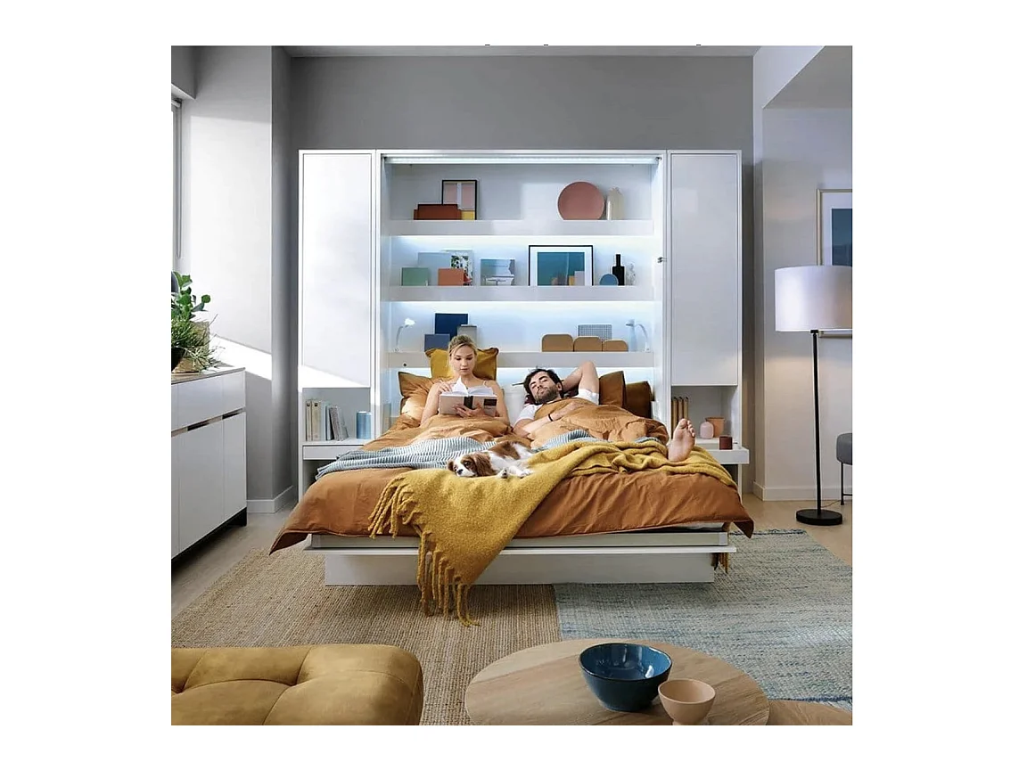 Lit escamotable horizontal avec étagères blanc mat Noby 90x200-Avec matelas