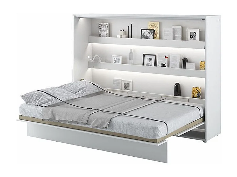 Lit escamotable horizontal avec étagères blanc mat Noby 140x200-Avec matelas-Avec Led et 1 veilleuse