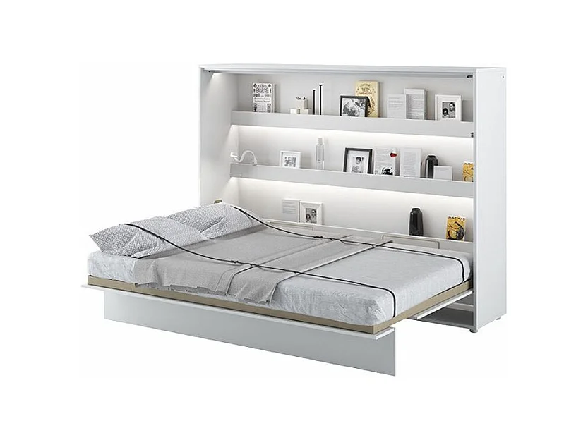 Lit escamotable horizontal avec étagères blanc mat Noby 140x200-Avec matelas-Avec Led et 1 veilleuse