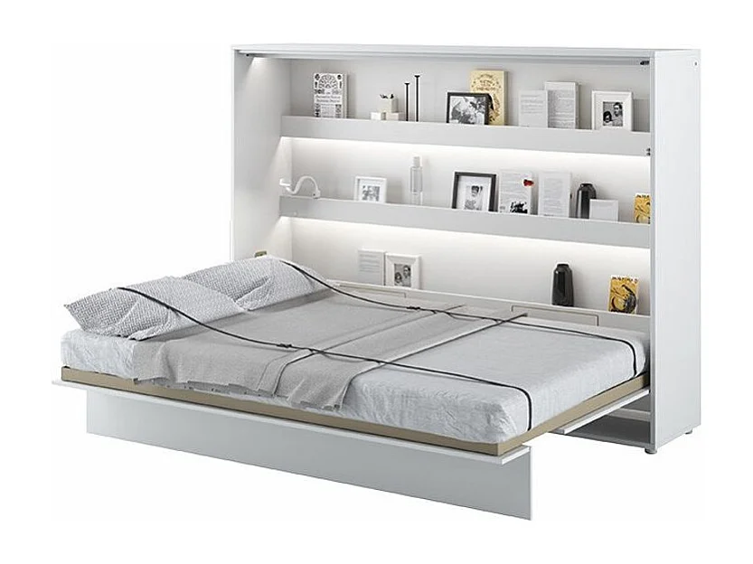 Lit escamotable horizontal avec étagères blanc mat Noby 140x200-Avec matelas-Avec Led et 1 veilleuse