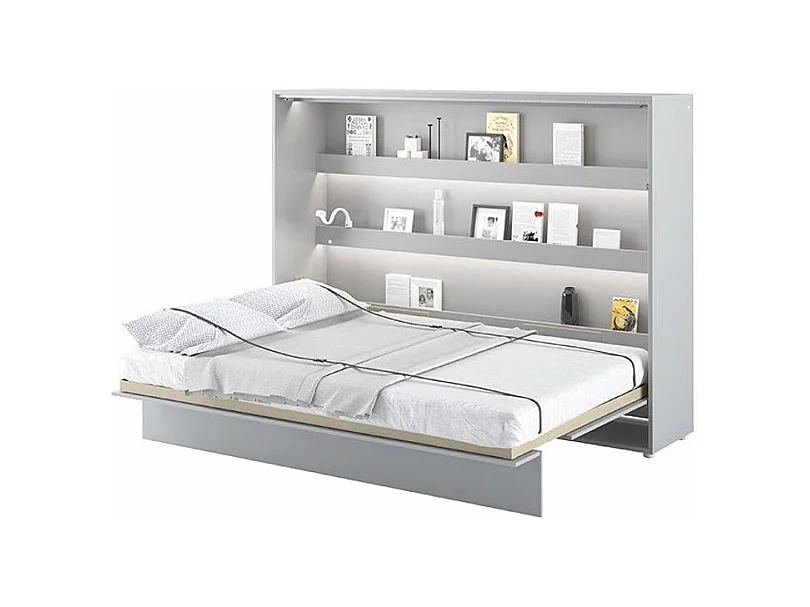 Lit escamotable horizontal avec étagères gris mat Noby 140x200-Avec Led et 2 veilleuses