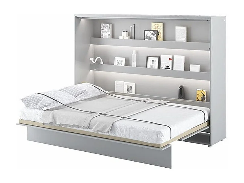 Lit escamotable horizontal avec étagères gris mat Noby 140x200-Avec Led et 2 veilleuses