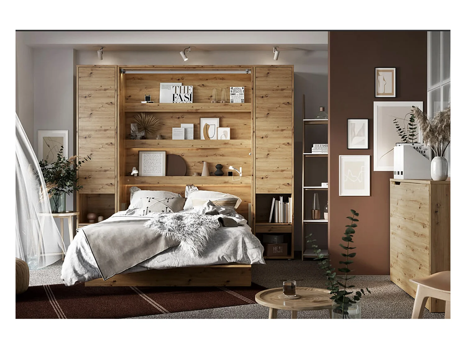 Lit escamotable vertical chêne artisan avec 2 armoires de rangement Noby-Avec Led-140x200