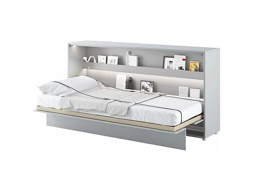 Lit escamotable horizontal avec étagères gris mat Noby 90x200-Avec Led et 1 veilleuse