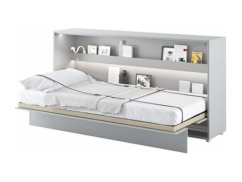 Lit escamotable horizontal avec étagères gris mat Noby 90x200-Avec Led et 1 veilleuse