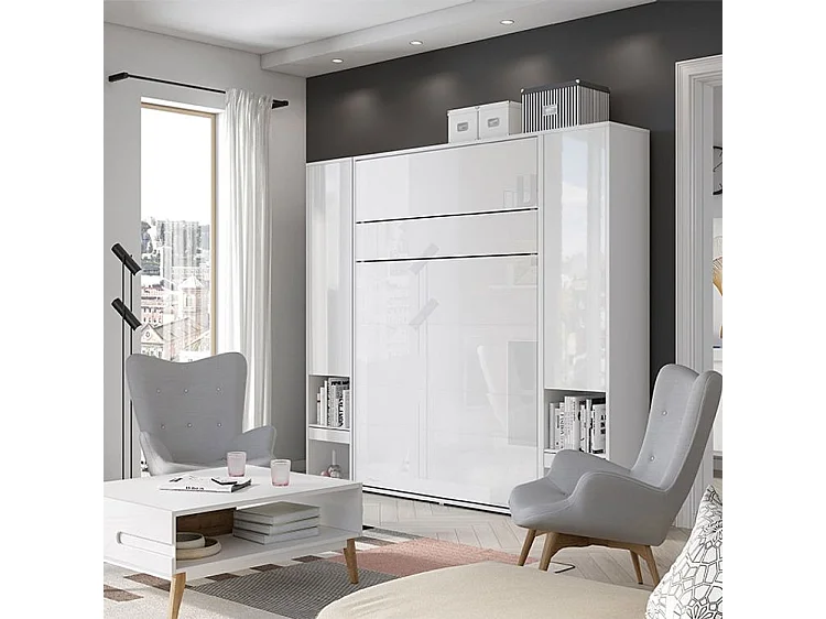 Lit escamotable vertical avec étagères blanc brillant Noby 180x200-