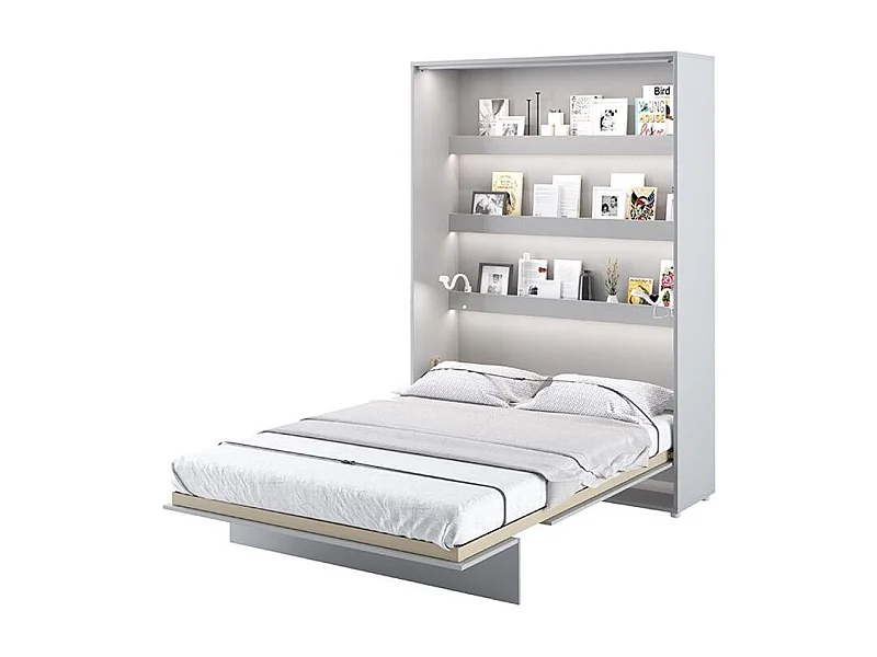 Lit escamotable vertical avec étagères blanc brillant Noby 120x200-Avec matelas-Avec Led et 2 veilleuses