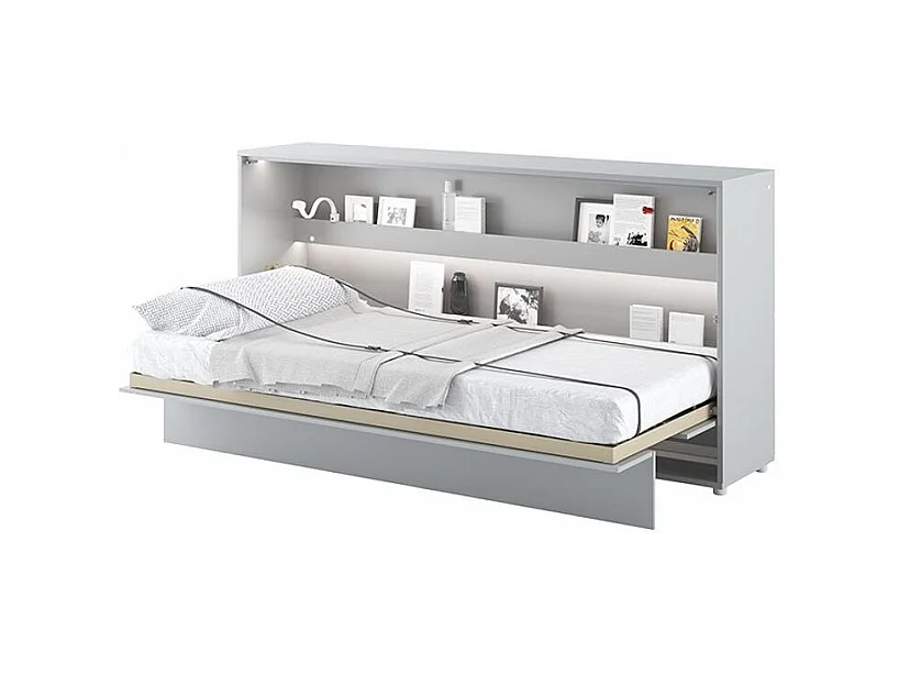Lit escamotable horizontal avec étagères gris mat Noby 90x200-Avec Led sans veilleuses