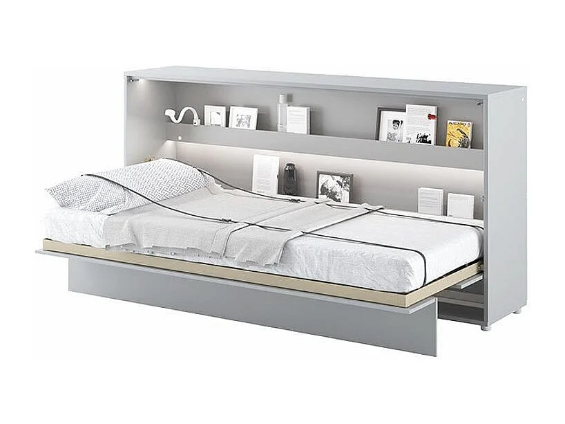 Lit escamotable horizontal avec étagères gris mat Noby 90x200-Avec Led sans veilleuses