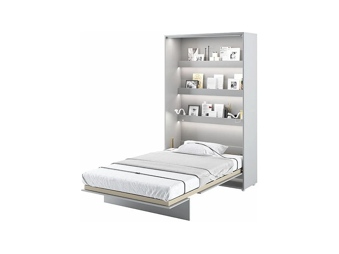 Lit escamotable vertical avec étagères gris mat Noby 90x200-Avec matelas-Avec Led sans veilleuses