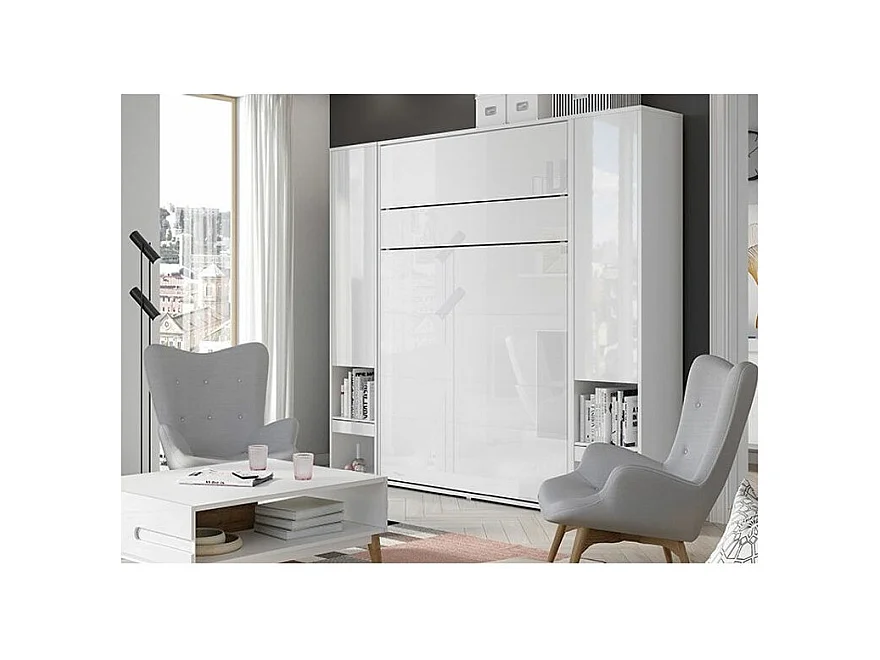 Lit escamotable vertical blanc mat avec 2 armoires de rangement Noby-Avec Led-90x200