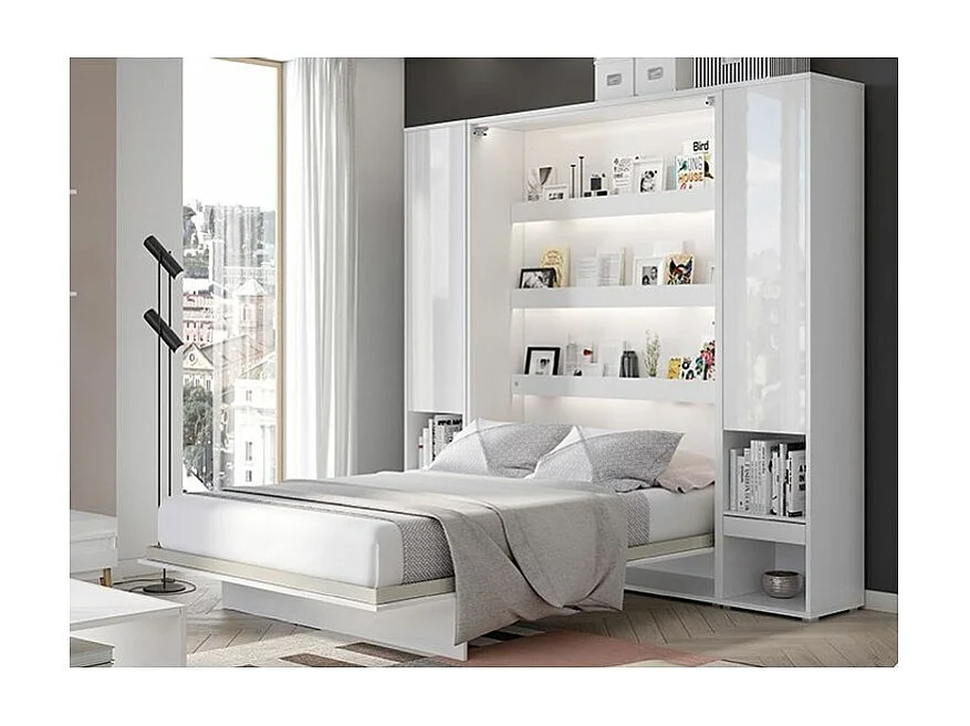 Lit escamotable vertical blanc mat avec 2 armoires de rangement Noby-Avec Led-90x200