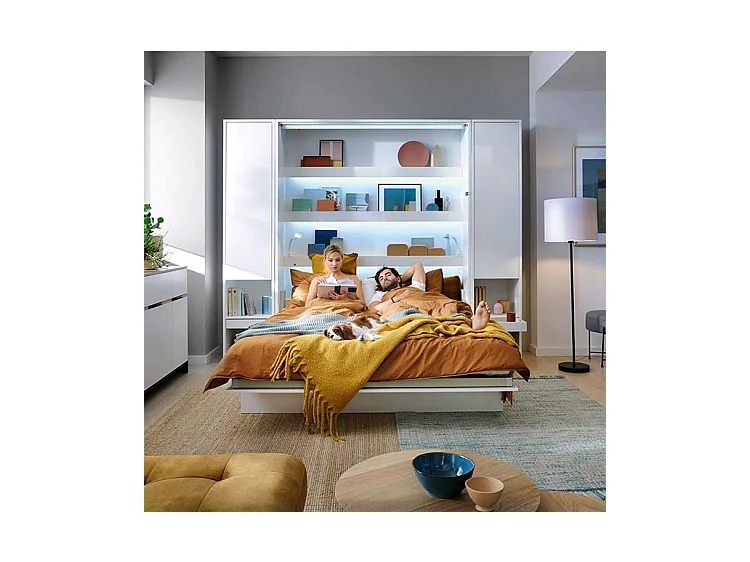 Lit escamotable horizontal avec étagères blanc brillant Noby 90x200-