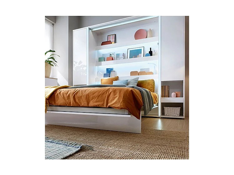 Lit escamotable horizontal avec étagères blanc brillant Noby 90x200-