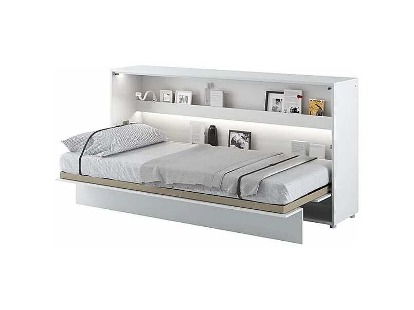 Lit escamotable horizontal avec étagères blanc mat Noby 90x200-Avec matelas-Avec Led sans veilleuses