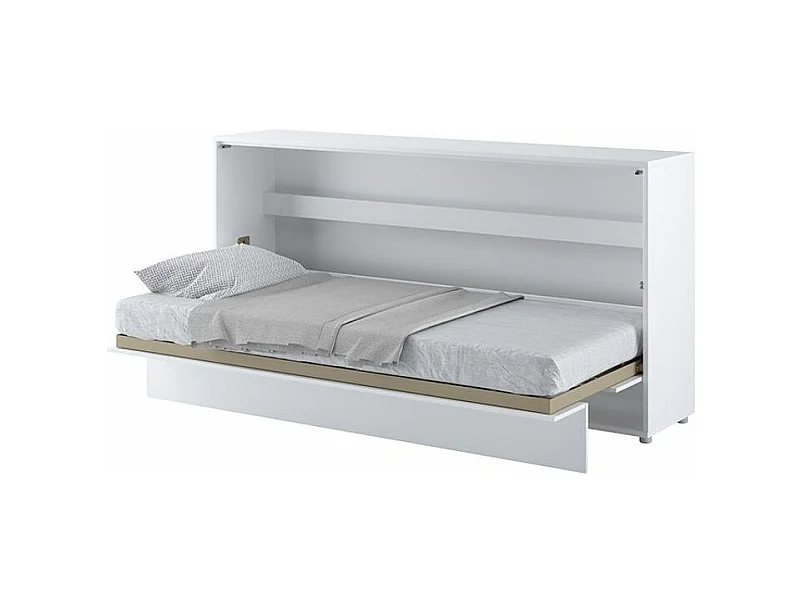 Lit escamotable horizontal avec étagères blanc mat Noby 90x200-Avec matelas-Avec Led sans veilleuses