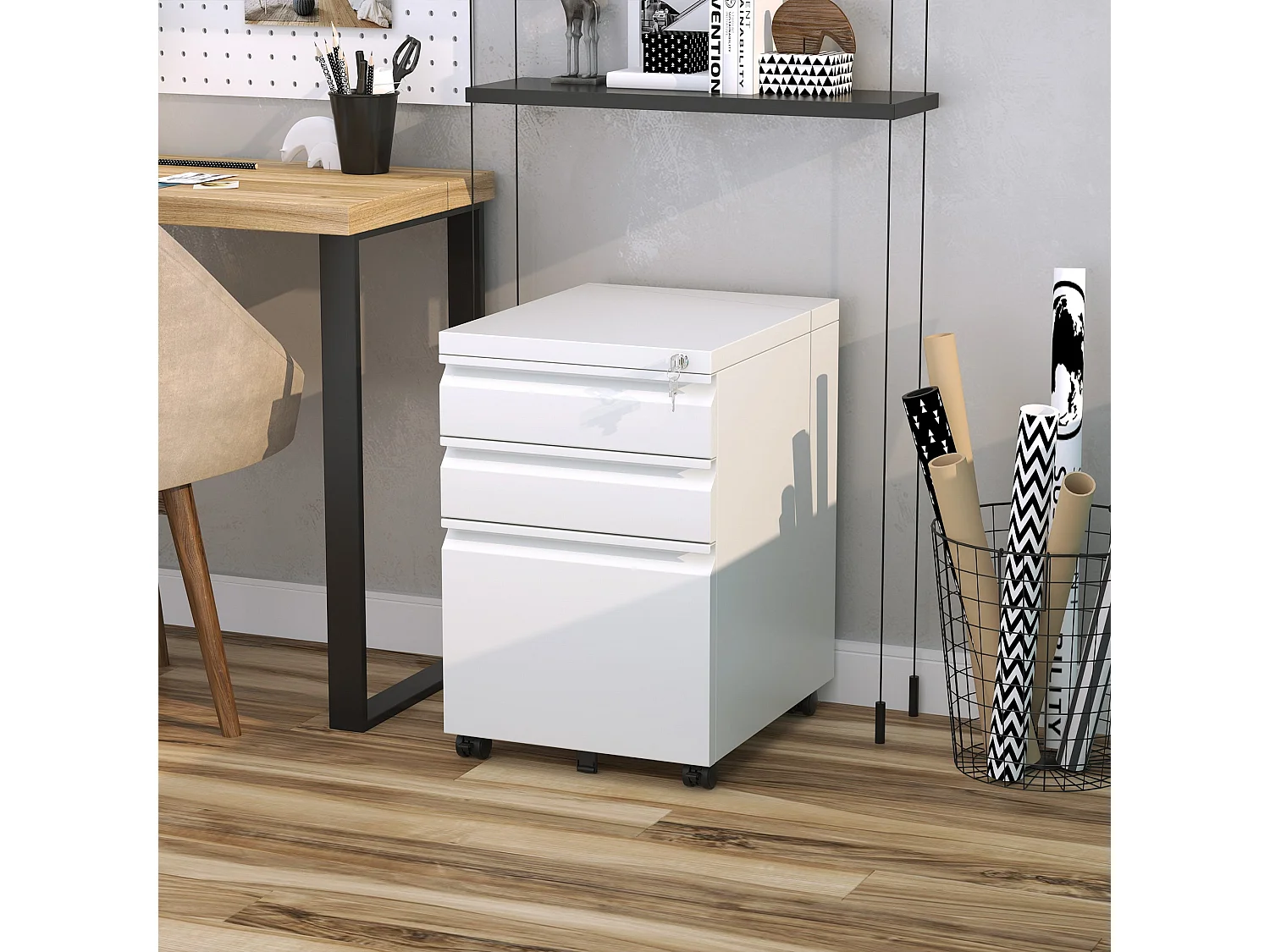 Cajonera Elite Vinsetto 3 cajones + cerradura blanco 60x39x48 cm