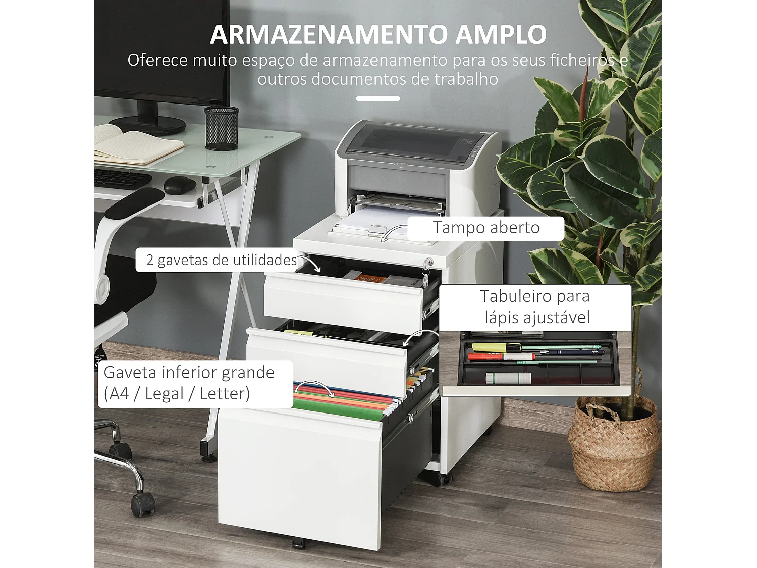 Cajonera Elite Vinsetto 3 cajones + cerradura blanco 60x39x48 cm