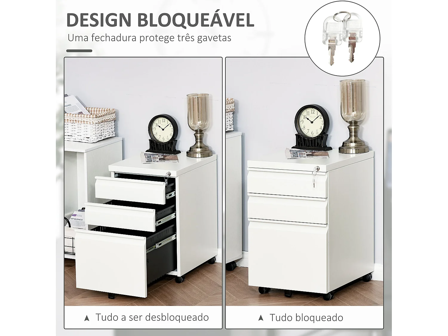 Cajonera Elite Vinsetto 3 cajones + cerradura blanco 60x39x48 cm