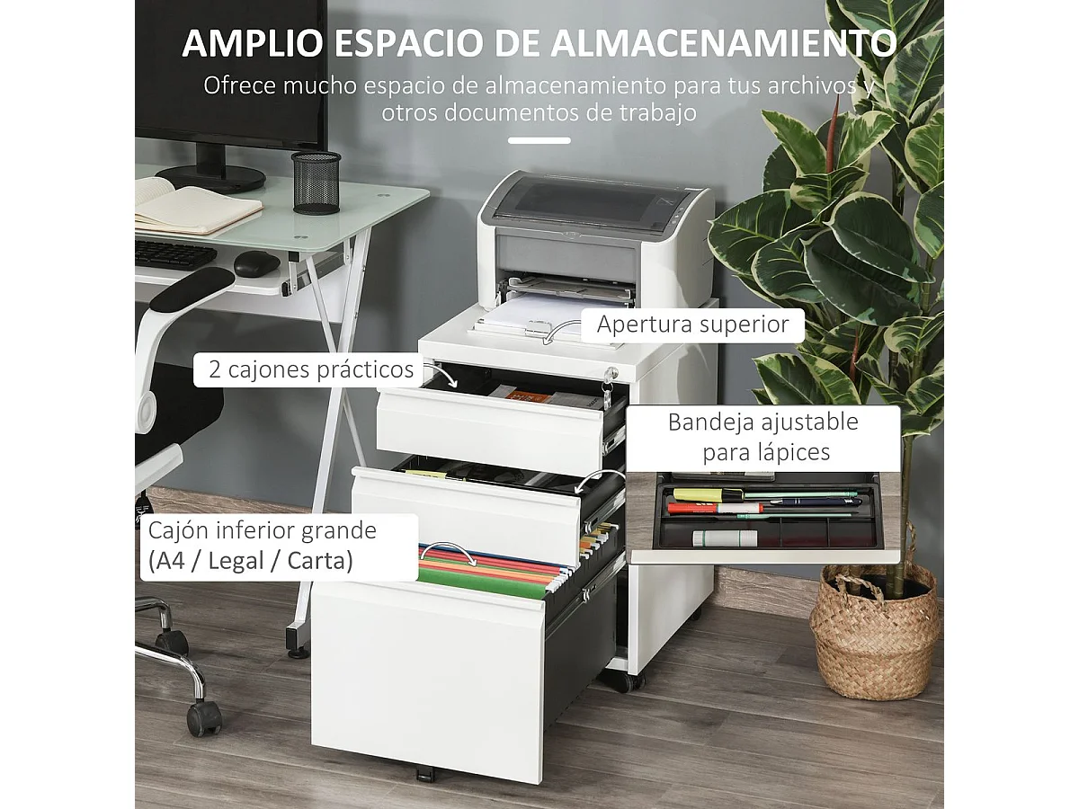 Cajonera Elite Vinsetto 3 cajones + cerradura blanco 60x39x48 cm