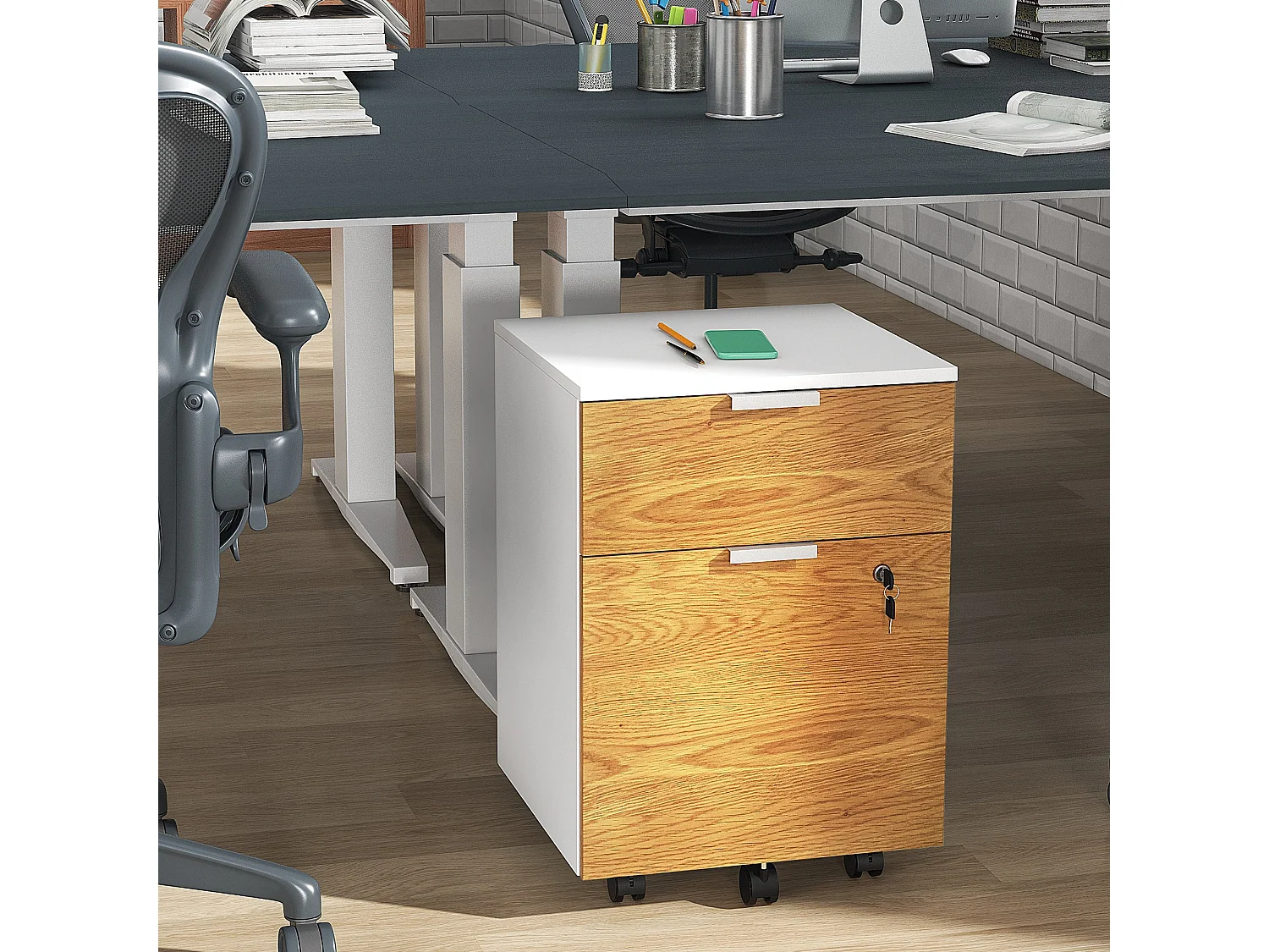 Cajonera Pyle Homcom 2 cajones + 4 ruedas blanco/natural 60x42x40 cm