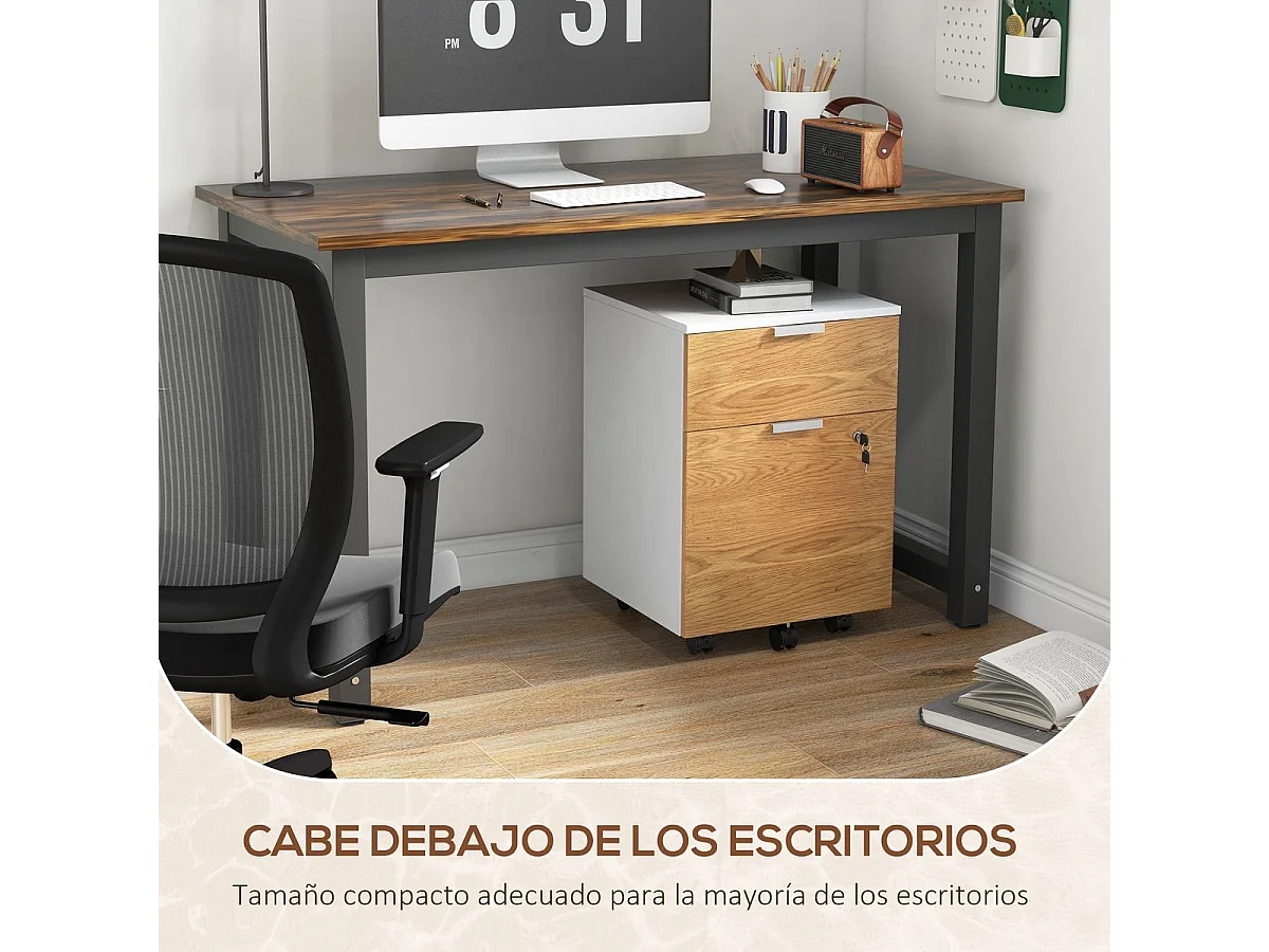 Cajonera Pyle Homcom 2 cajones + 4 ruedas blanco/natural 60x42x40 cm
