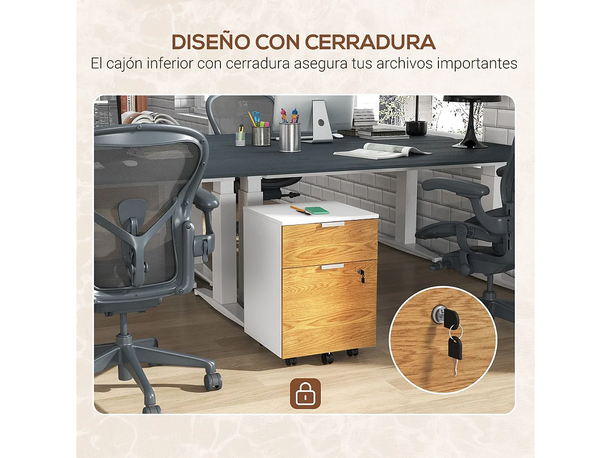 Cajonera Pyle Homcom 2 cajones + 4 ruedas blanco/natural 60x42x40 cm