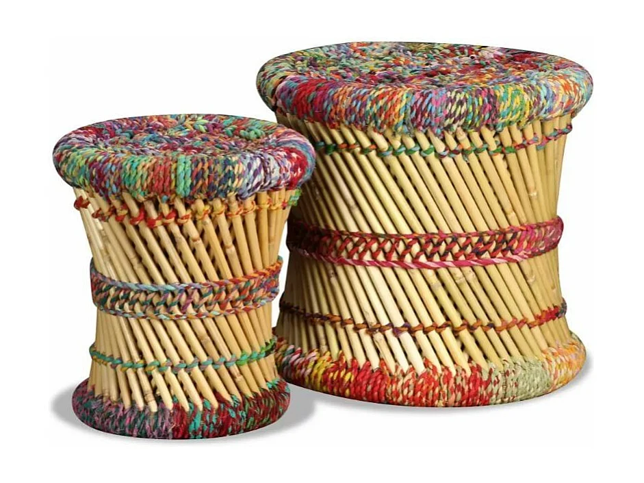 Tabouret bas rond bambou multicolore Indika - Lot de 2