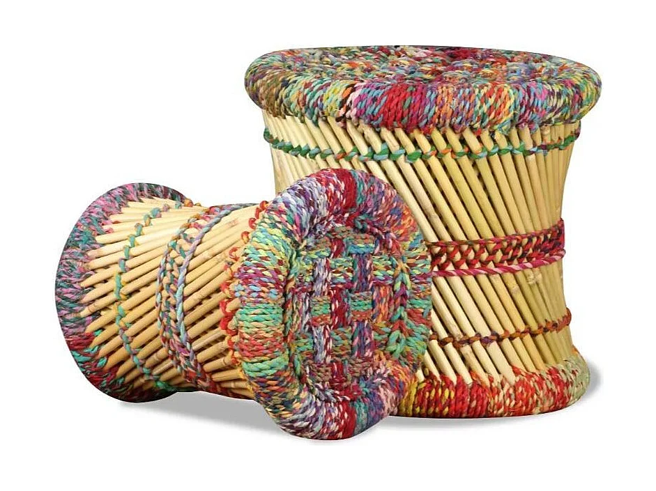 Tabouret bas rond bambou multicolore Indika - Lot de 2