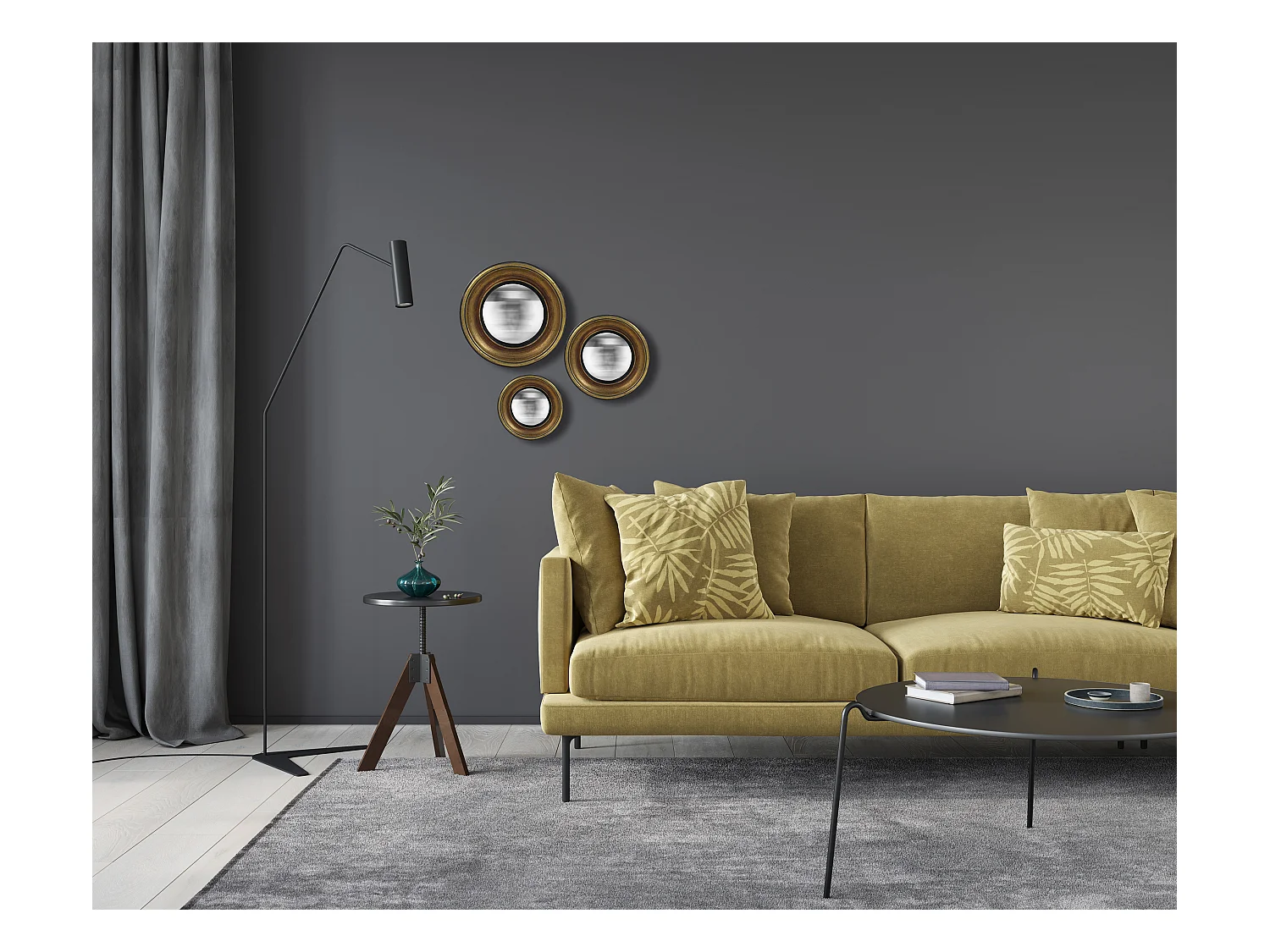 Lot de 3 miroirs ronds convexes dorés 16,19,23cm