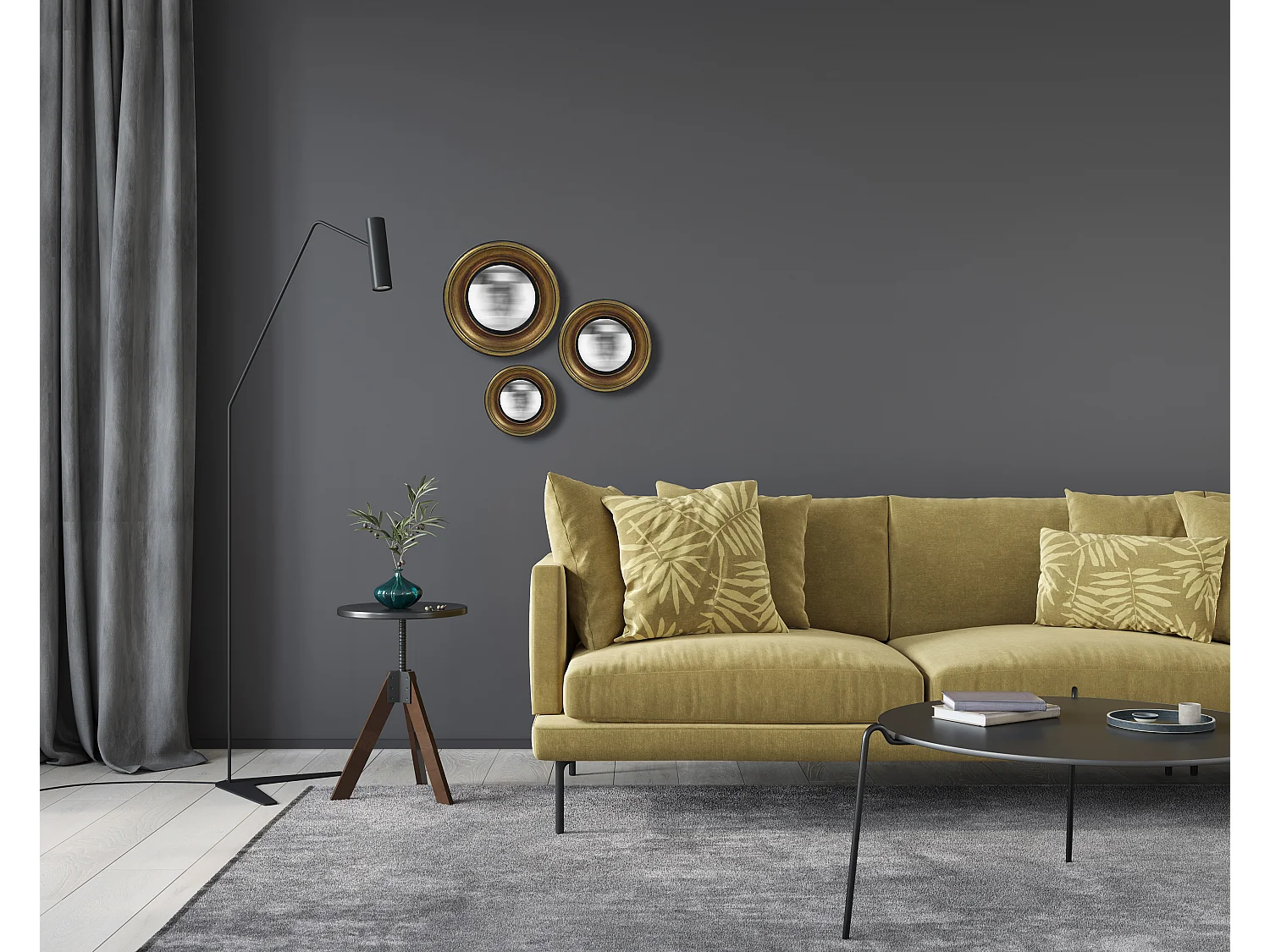 Lot de 3 miroirs ronds convexes dorés 16,19,23cm