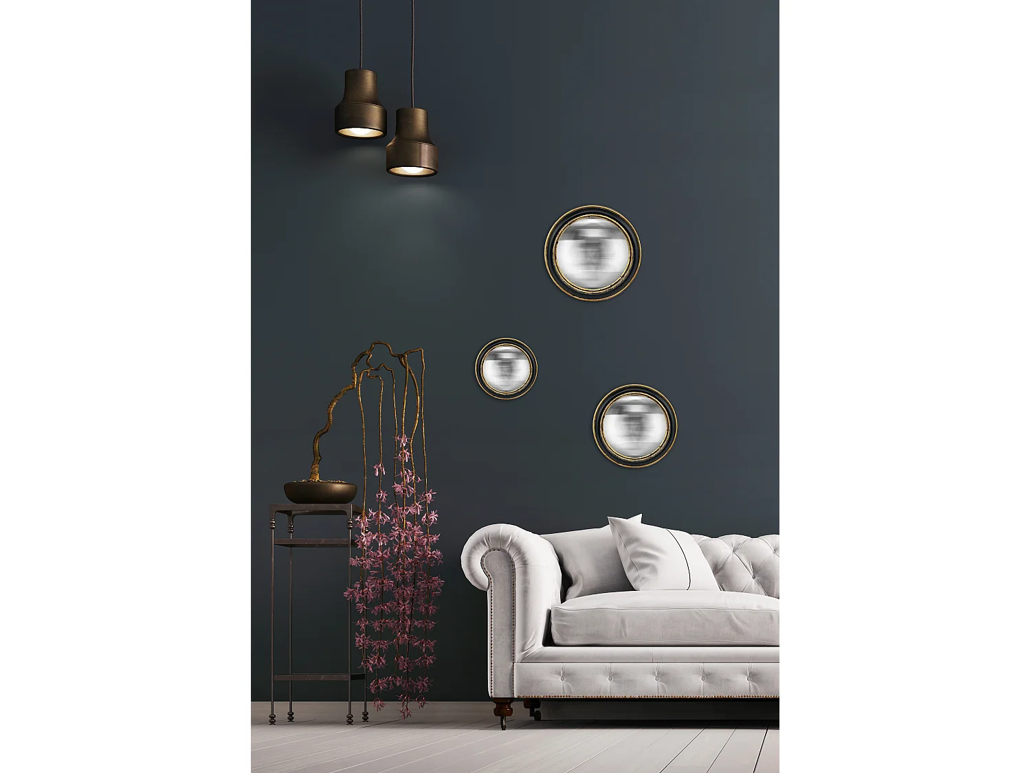 Lot de 3 miroirs convexes 14, 19 et 23cm Noir et Doré