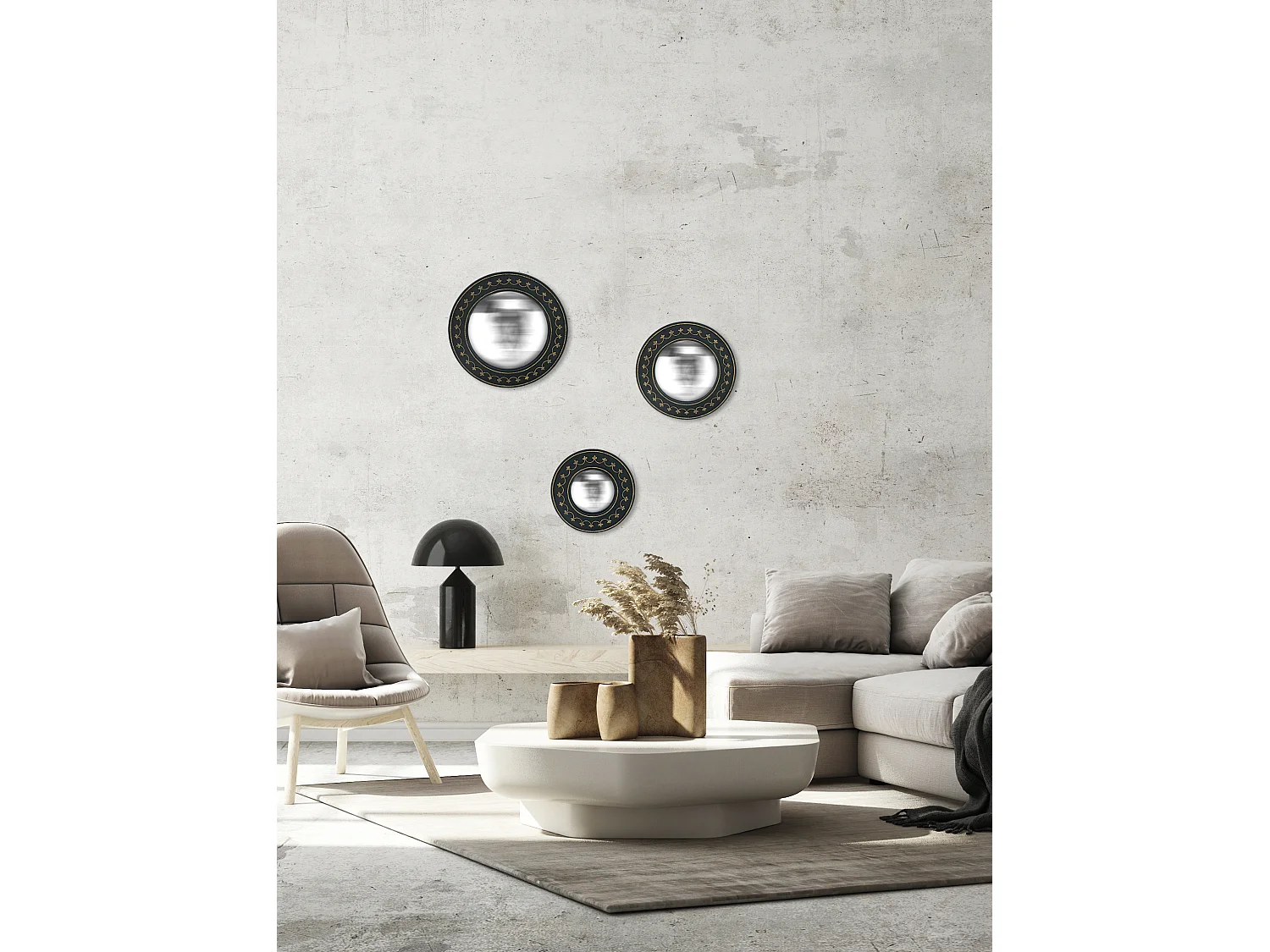 Lot de 3 miroirs convexes 18, 22 et 26 cm Noir et Doré