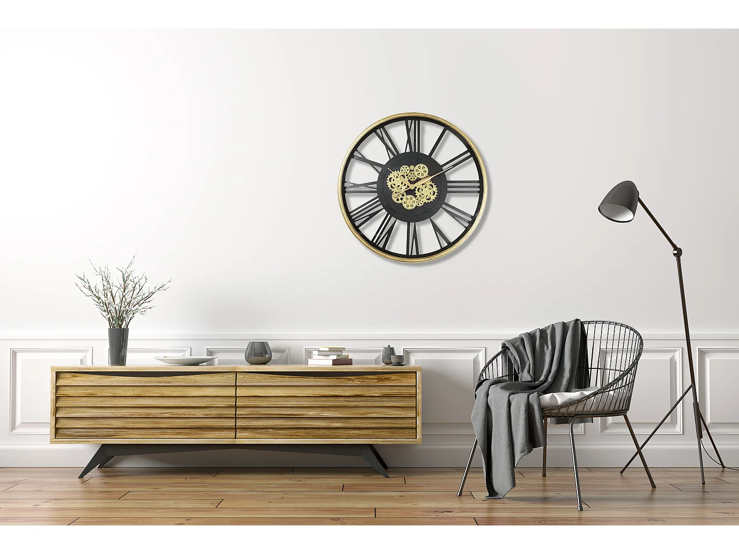 Horloge mécanismes sans fond noir doré 80cm