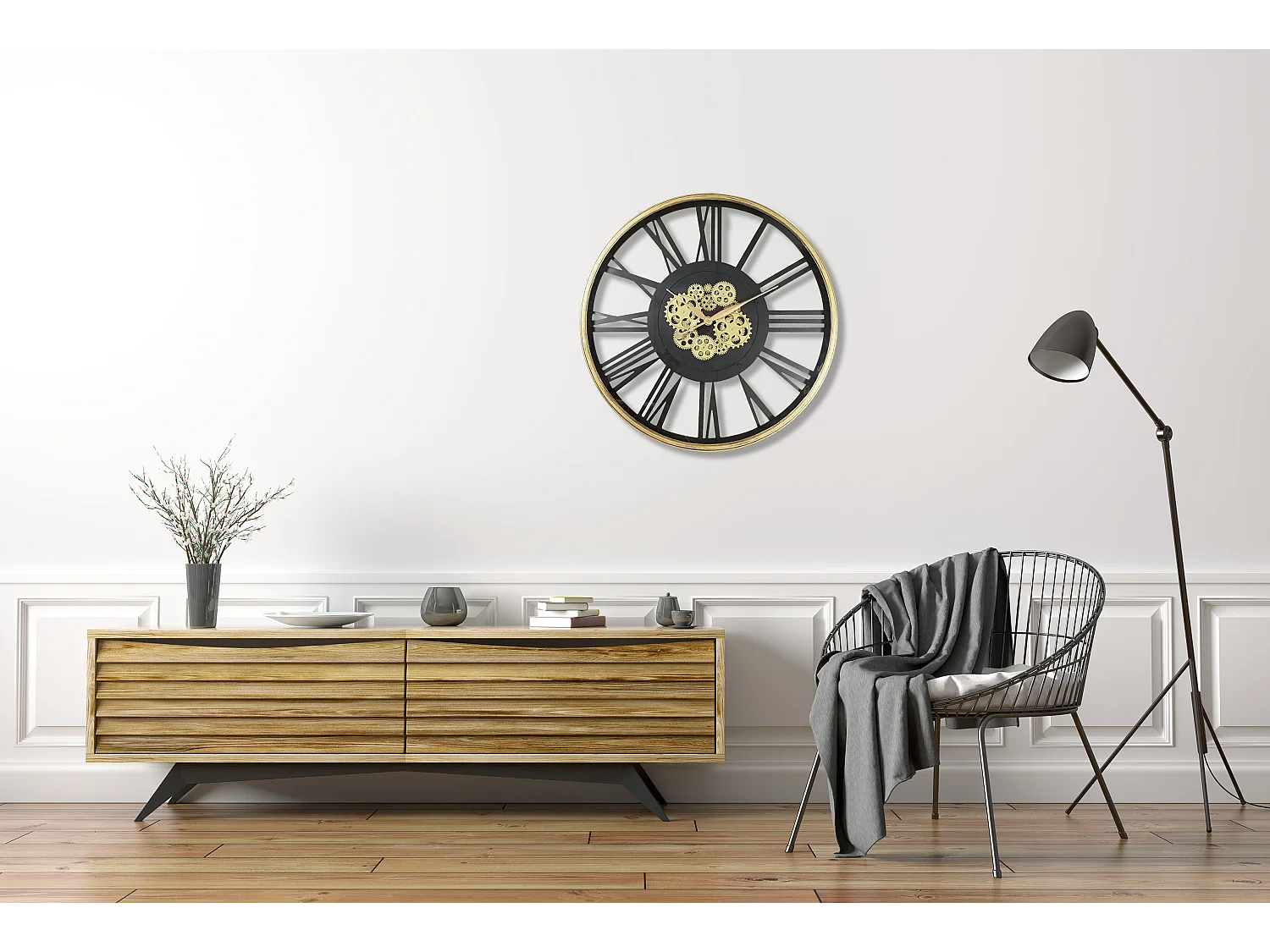 Horloge mécanismes sans fond noir doré 80cm