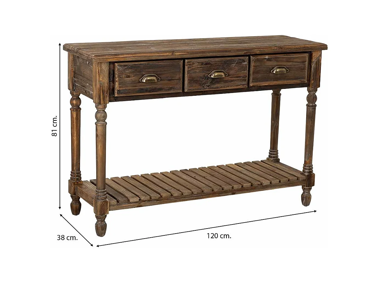 Table d'entrée en bois avec 3 tiroirs 120x38x81h cm