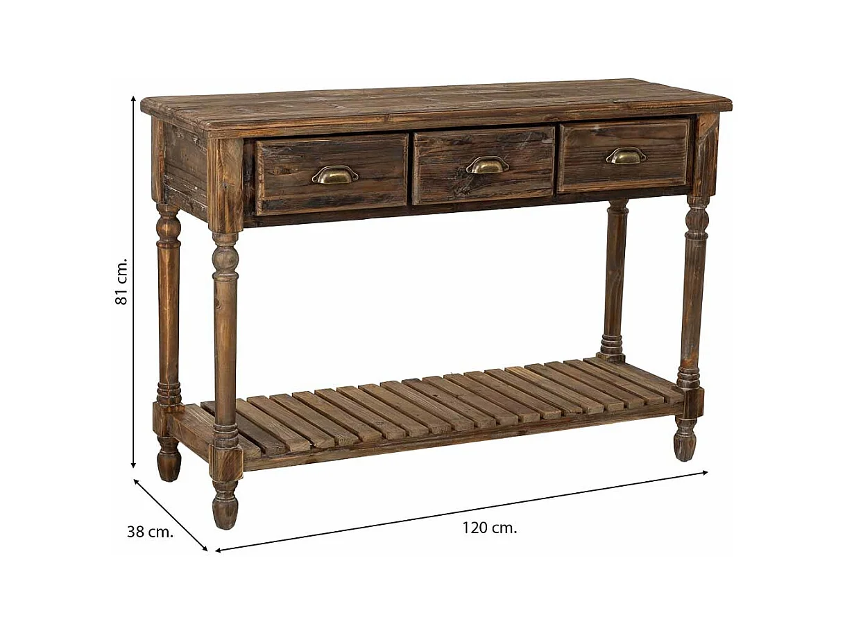 Table d'entrée en bois avec 3 tiroirs 120x38x81h cm