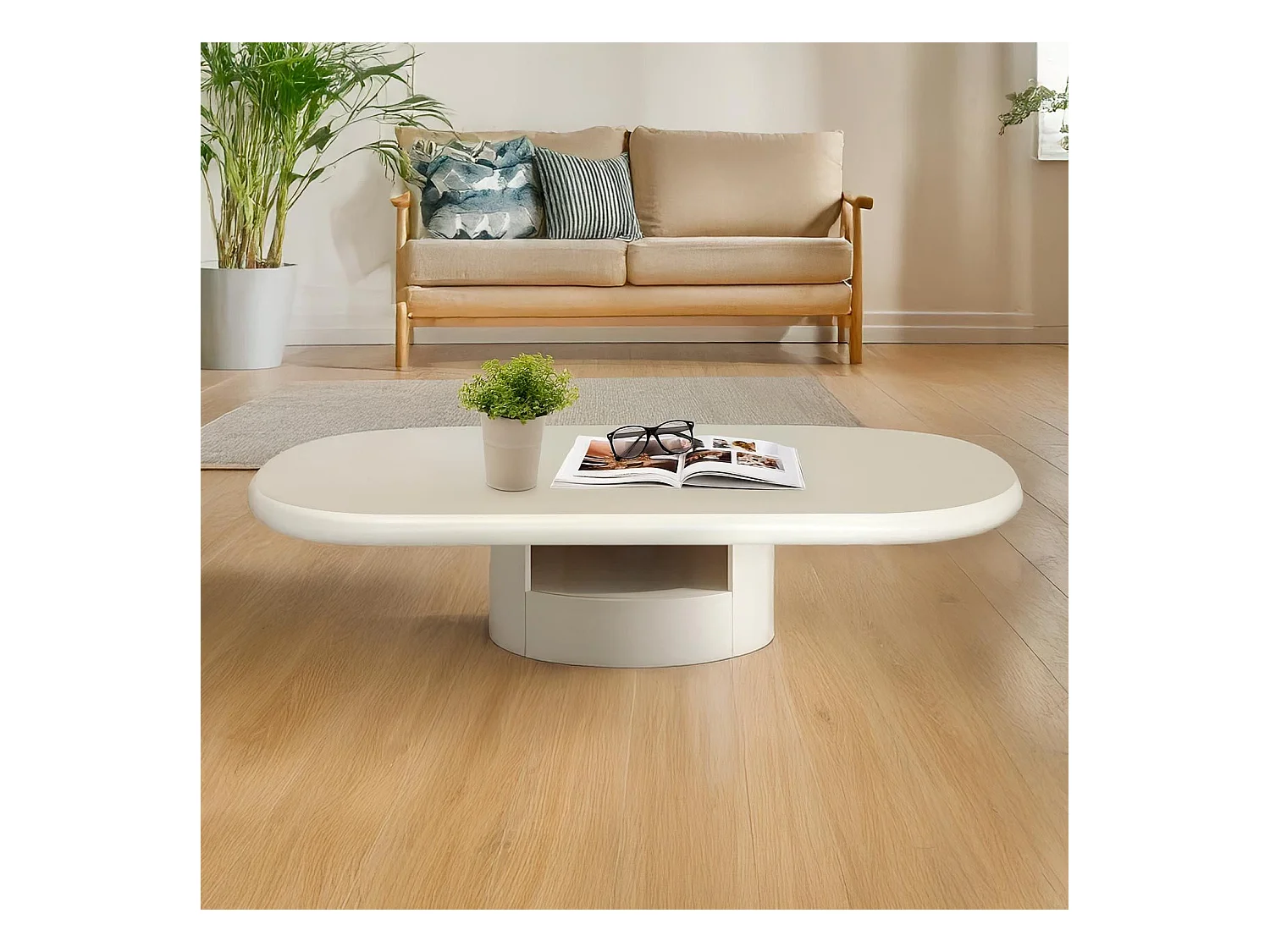 Table basse ovale avec tiroirs 60x120cm Barket Crème