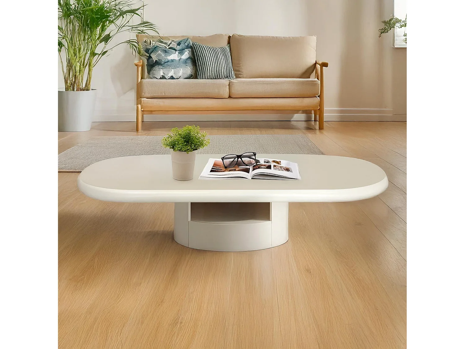 Table basse ovale avec tiroirs 60x120cm Barket Crème