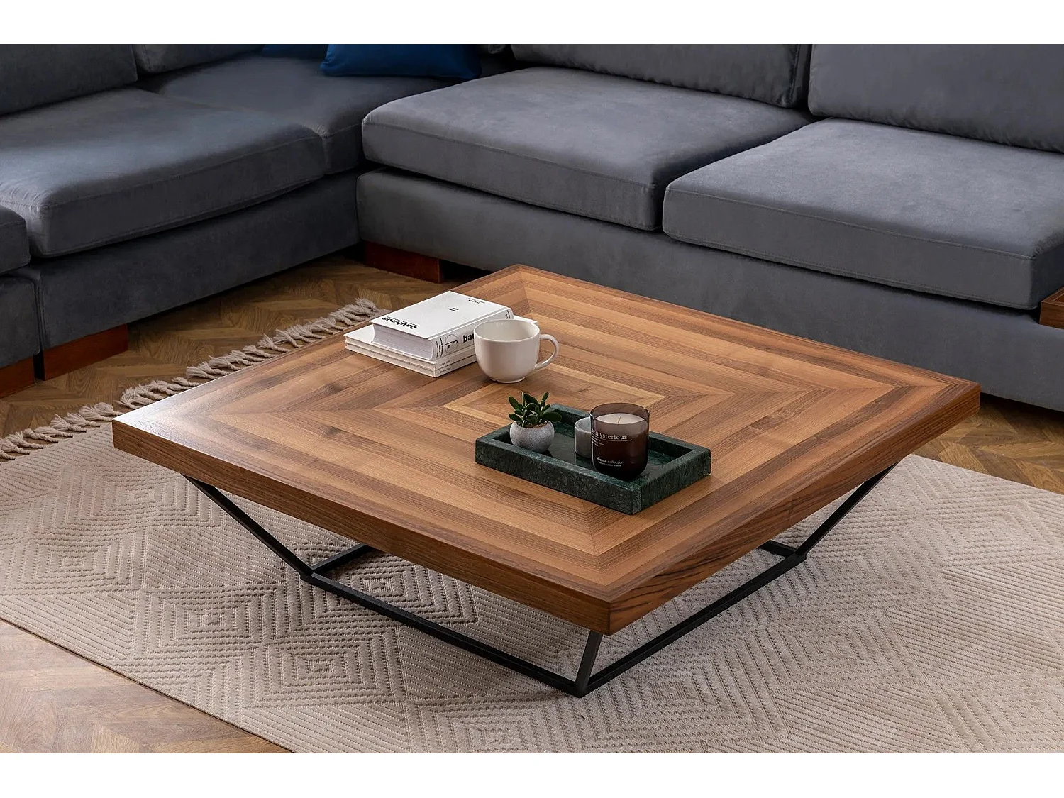 Table basse carrée Fofi 100cm Métal Noir et Bois foncé