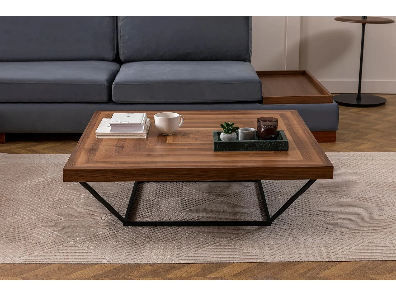 Table basse carrée Fofi 100cm Métal Noir et Bois foncé