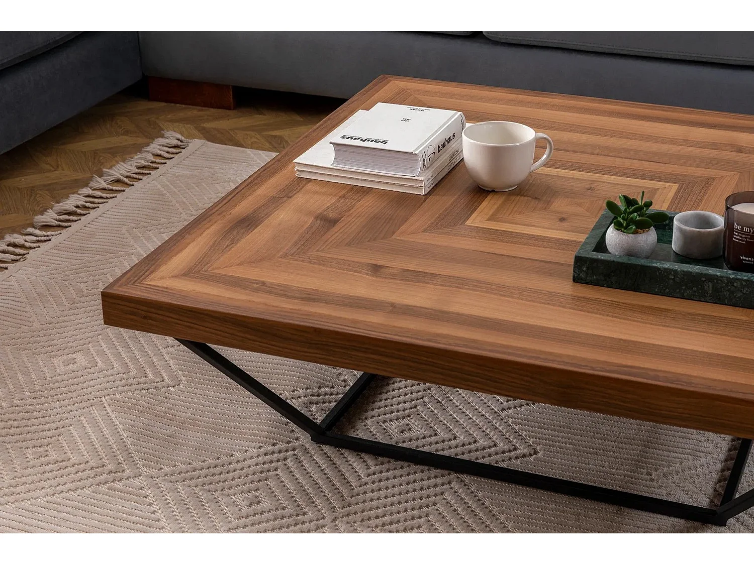 Table basse carrée Fofi 100cm Métal Noir et Bois foncé