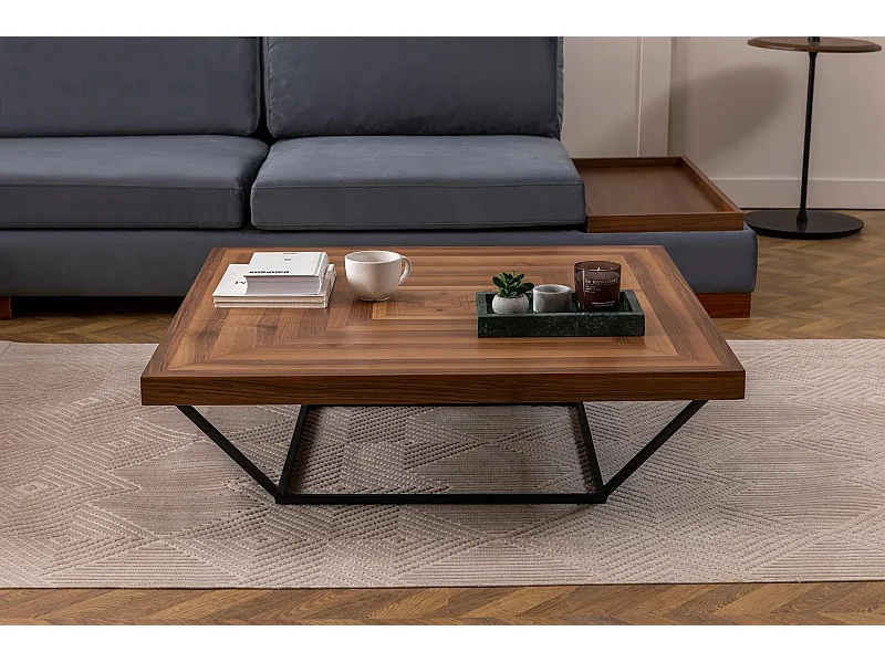 Mesa de centro quadrada Fofi 100x100 cm madeira escura e metal preto design contemporâneo