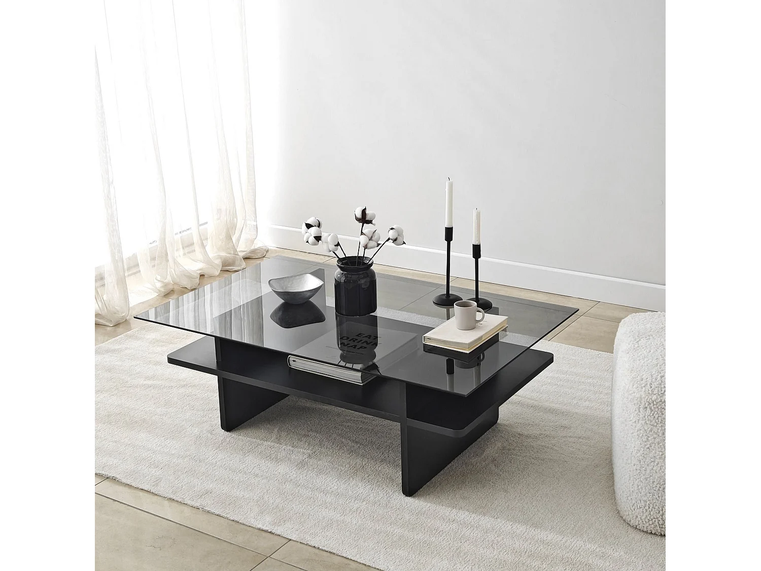 Table basse moderne Melisa L105cm Bois Noir et Verre trempé Fumé